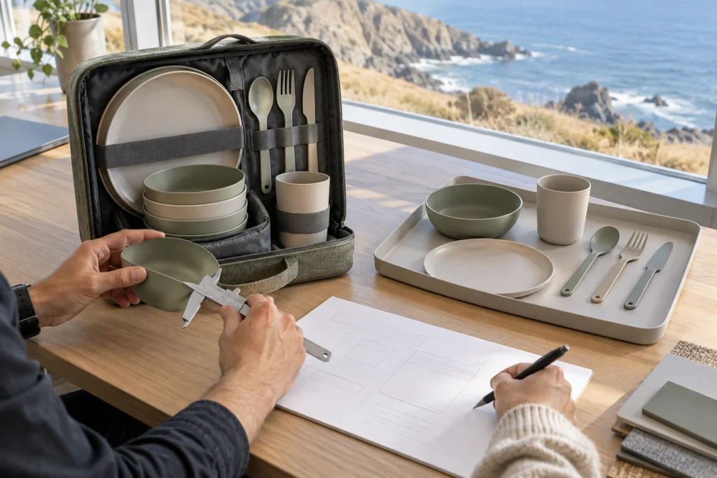 Camping dinnerware replacement parts reviewed beside a complete portable set and service tray