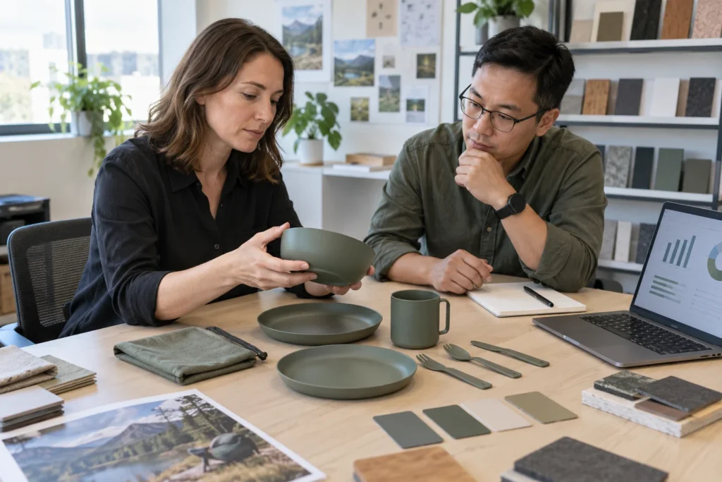 Buyers reviewing tableware test report scope against a finished camping bowl color and surface finish
