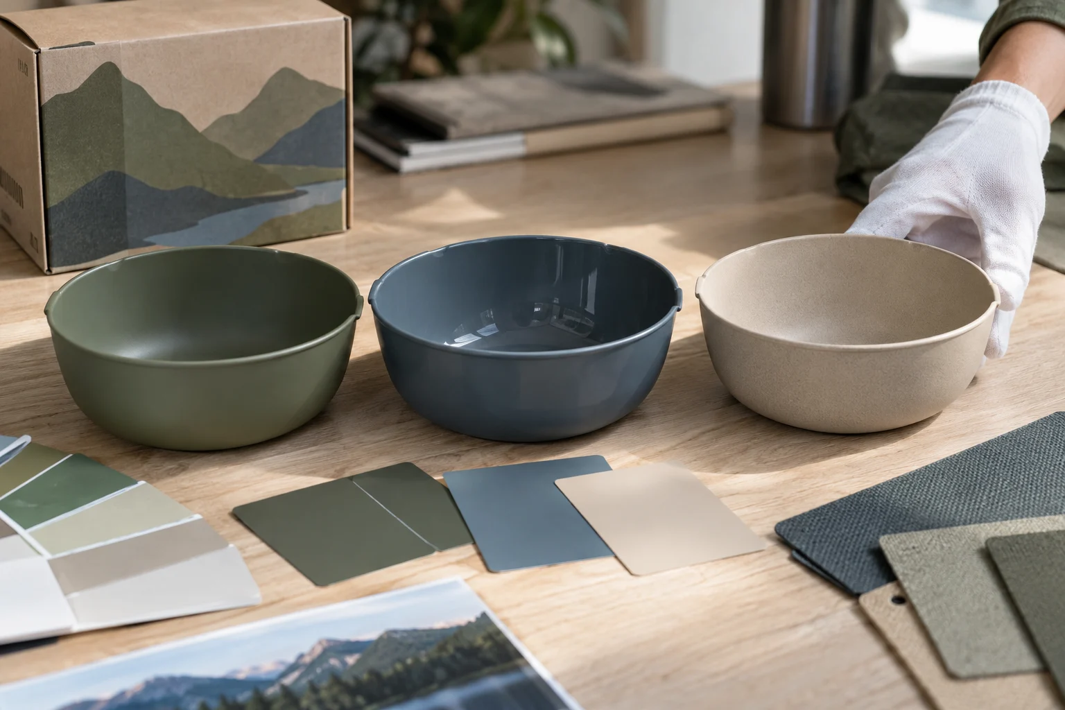 Camping bowls in matte gloss and textured finishes compared with controlled color chips