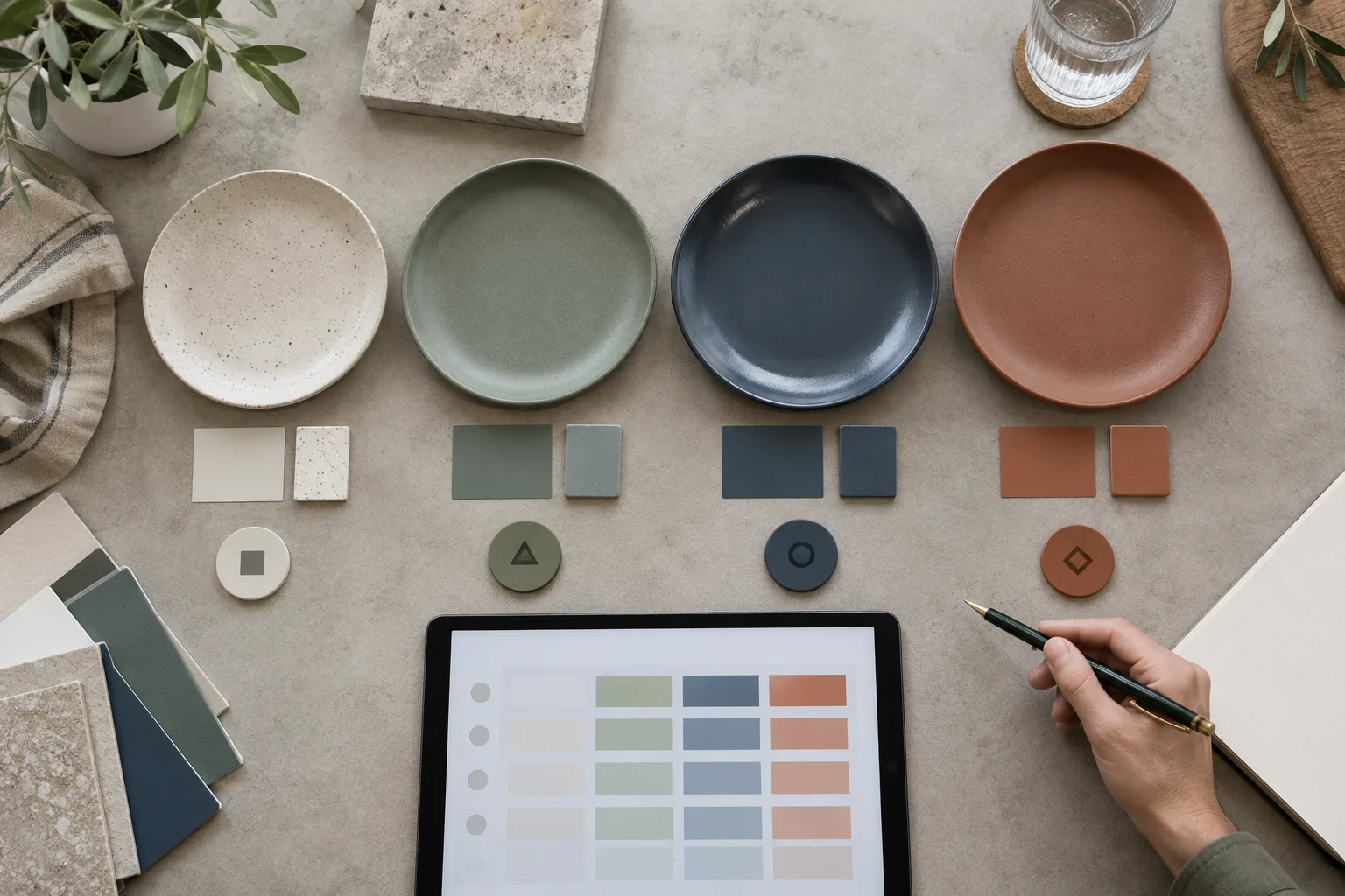 Finished tableware colors and controlled samples arranged for report-to-revision reconciliation