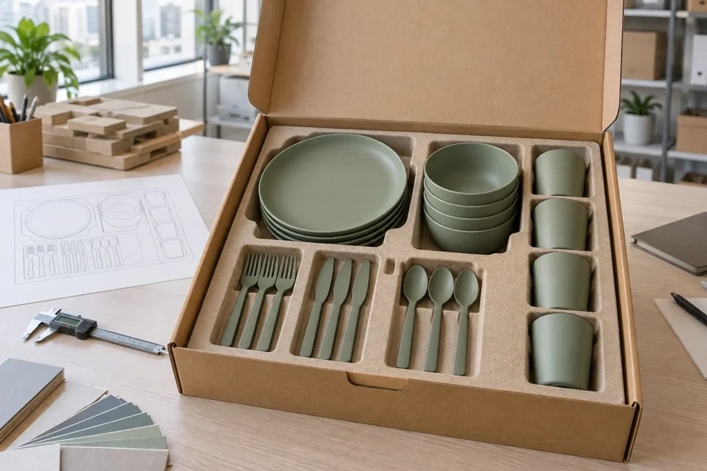 camping dinnerware retail insert design review on a packaging workbench