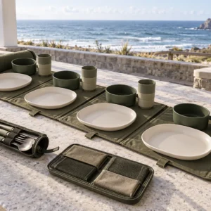 Roll-Map four-person camping dinnerware set open at a covered coastal lookout pavilion
