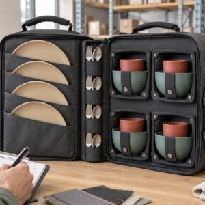 Sidecar-Panel four-person camping dinnerware set open during a retail buyer sample review
