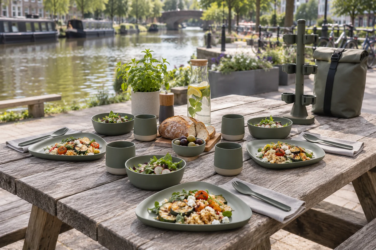 Spine-Clip outdoor application Four person camping tableware arranged for a canal-side outdoor meal