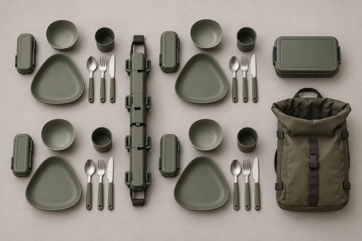 Spine-Clip reference configuration Complete four person camping tableware configuration with spine cassettes plates bowls cups lunch box and cutlery