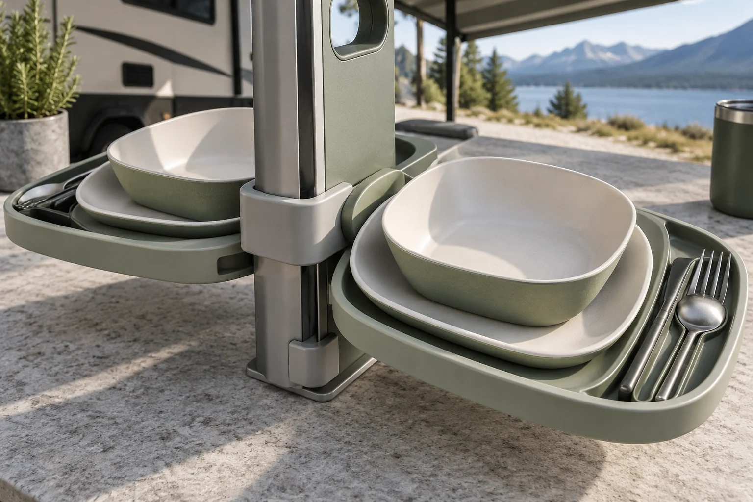 Spine-Clip structure detail Camping dinnerware set cassette clip rail and utensil channel concept detail