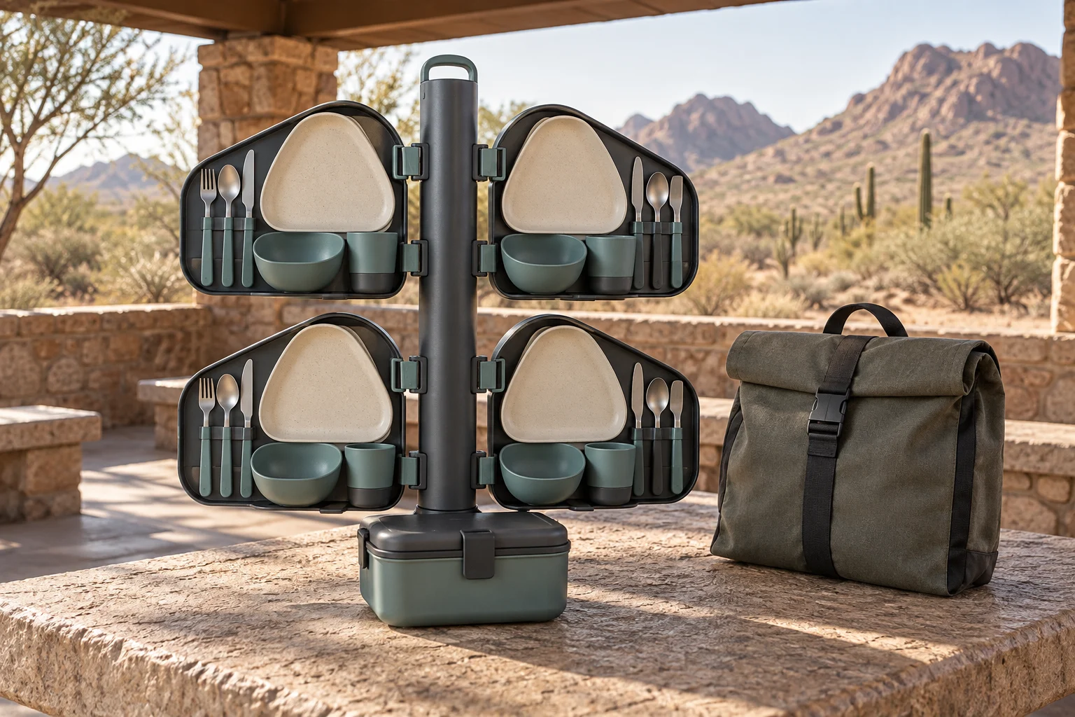 Camping dinnerware set with central spine and four clip-on place-setting cassettes