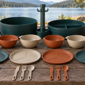 Split-Drum camping dinnerware set with two circular case halves plates bowls mugs lunch boxes and cutlery at a coastal picnic table