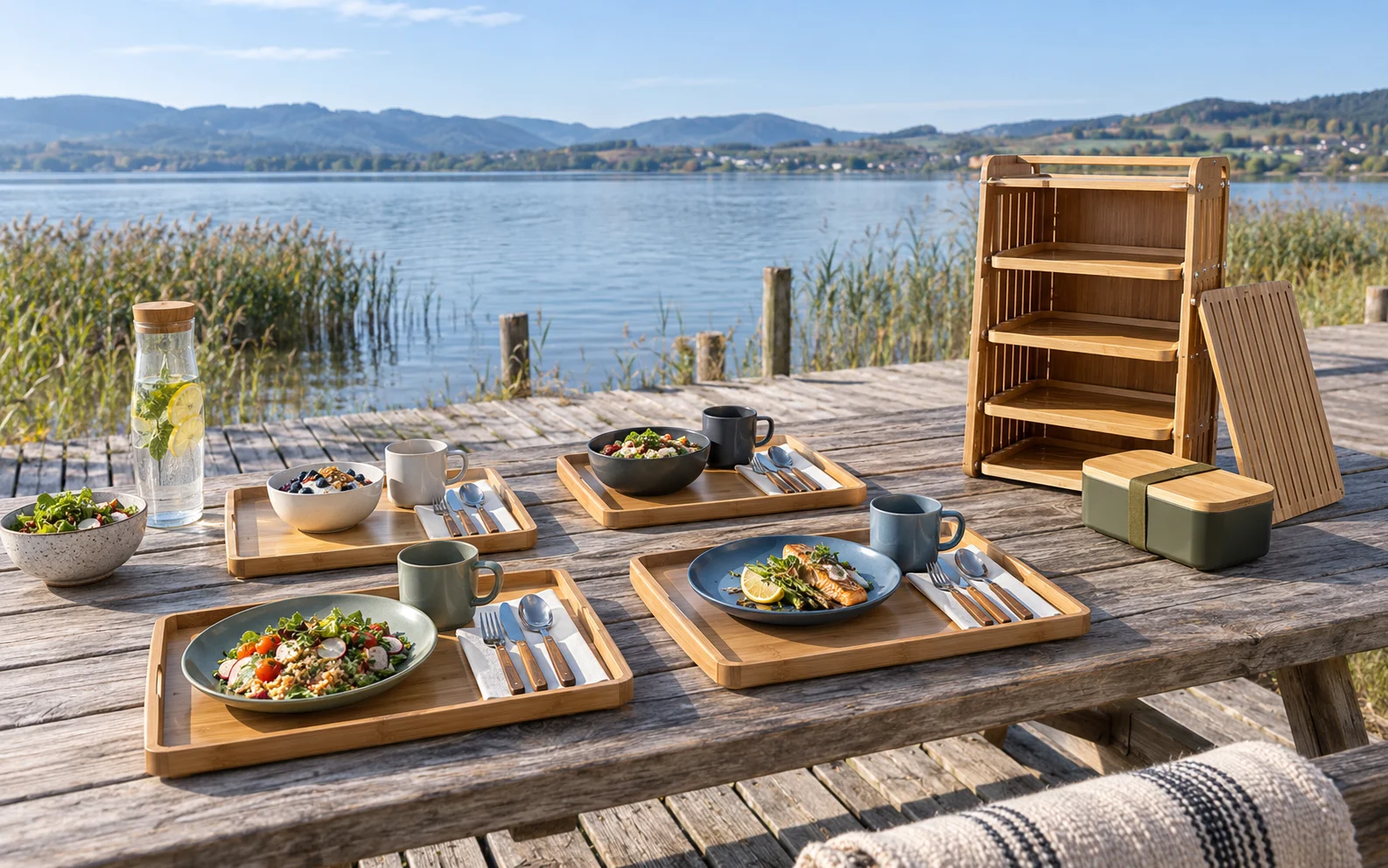 Tambour-Shelf lakeside application Four person camping dinnerware with standing shelf rack at a lakeside boardwalk picnic