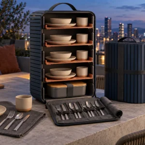 Camping dinnerware set in a standing Tambour-Shelf rack with slatted wrap and four place settings