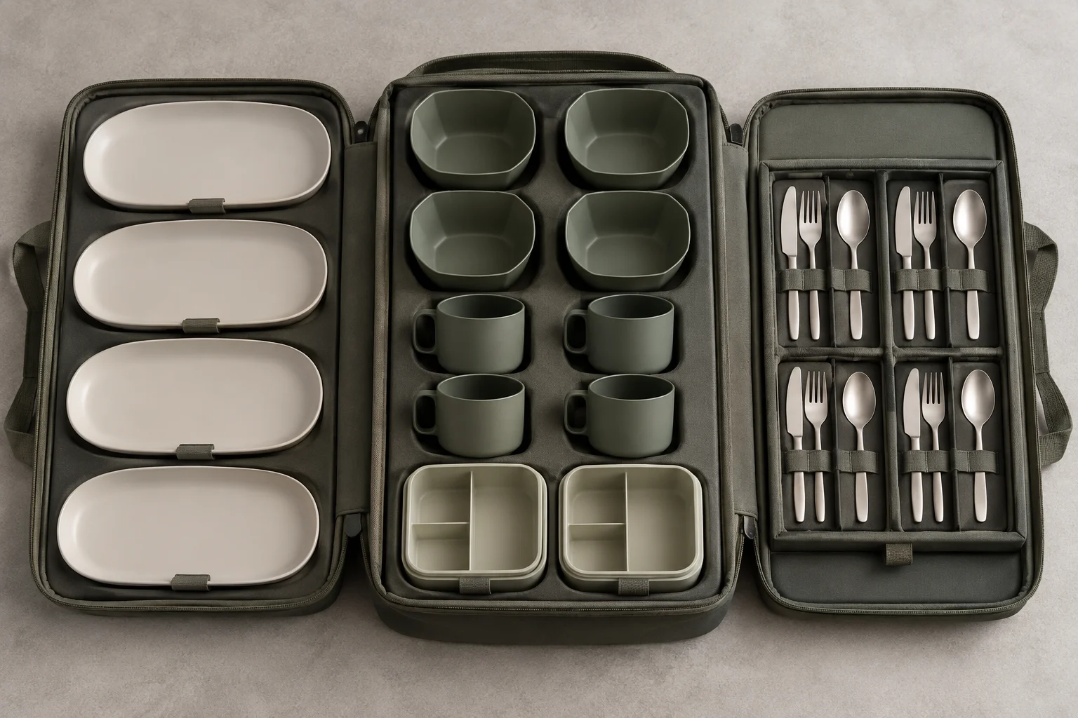 Tri-Fold Cradle reference configuration Tri-Fold Cradle configuration with three padded panels four oval plates angular bowls loop-handle cups lunch boxes and cutlery drawer