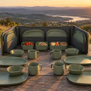 Complete Tri-Fold Cradle camping dinnerware set with carry case plates bowls cups lunch boxes and cutlery at a hilltop campsite