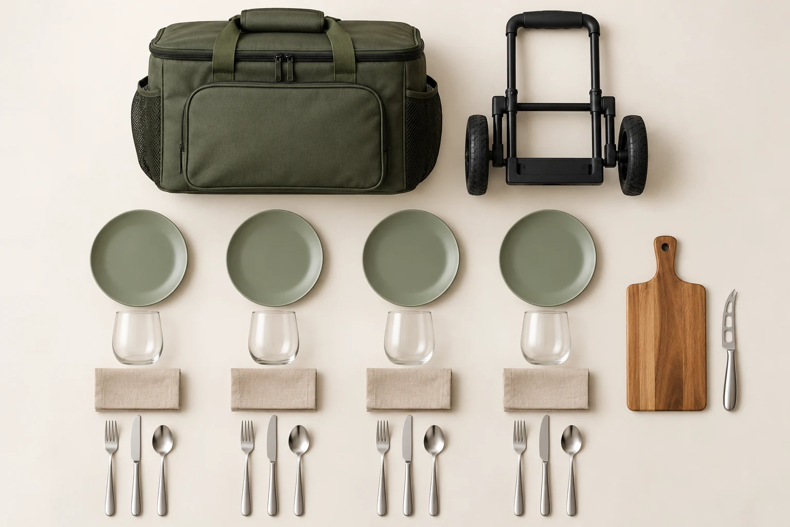 Four-Person Trolley Picnic Set Configuration Concept Four-person picnic dinnerware flat lay with detachable trolley cooler