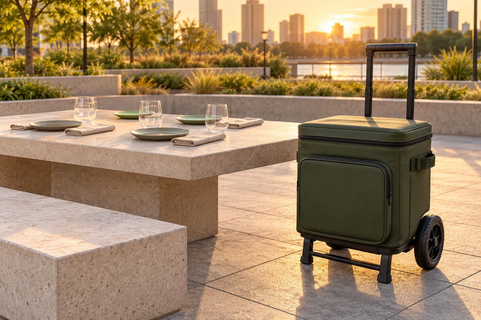 Trolley Picnic Cooler Urban Use Concept Four-person trolley picnic cooler concept at an urban park table