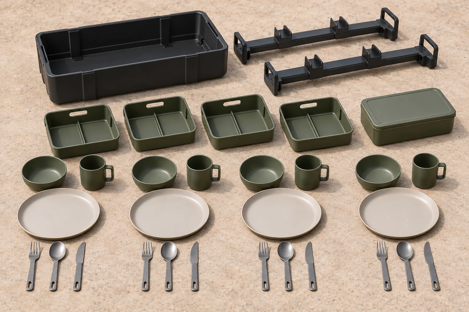 Twin-Beam Lift-Out Reference Configuration Four-person camping dinnerware configuration with empty base two carrier beams four caddies dishes cutlery and lunch box