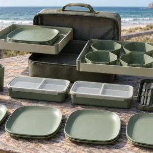 Twin-Deck Slide-Out camping dinnerware set with complete four-person components and open parallel trays at a coastal boardwalk