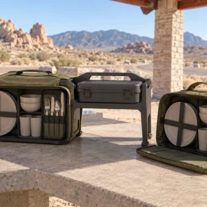 Twin-Pannier four-person camping dinnerware set concept with two detachable side bags and central bridge