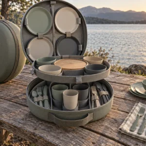 Twin-Ring Deck four-person camping dinnerware set concept opened at a lakeside table