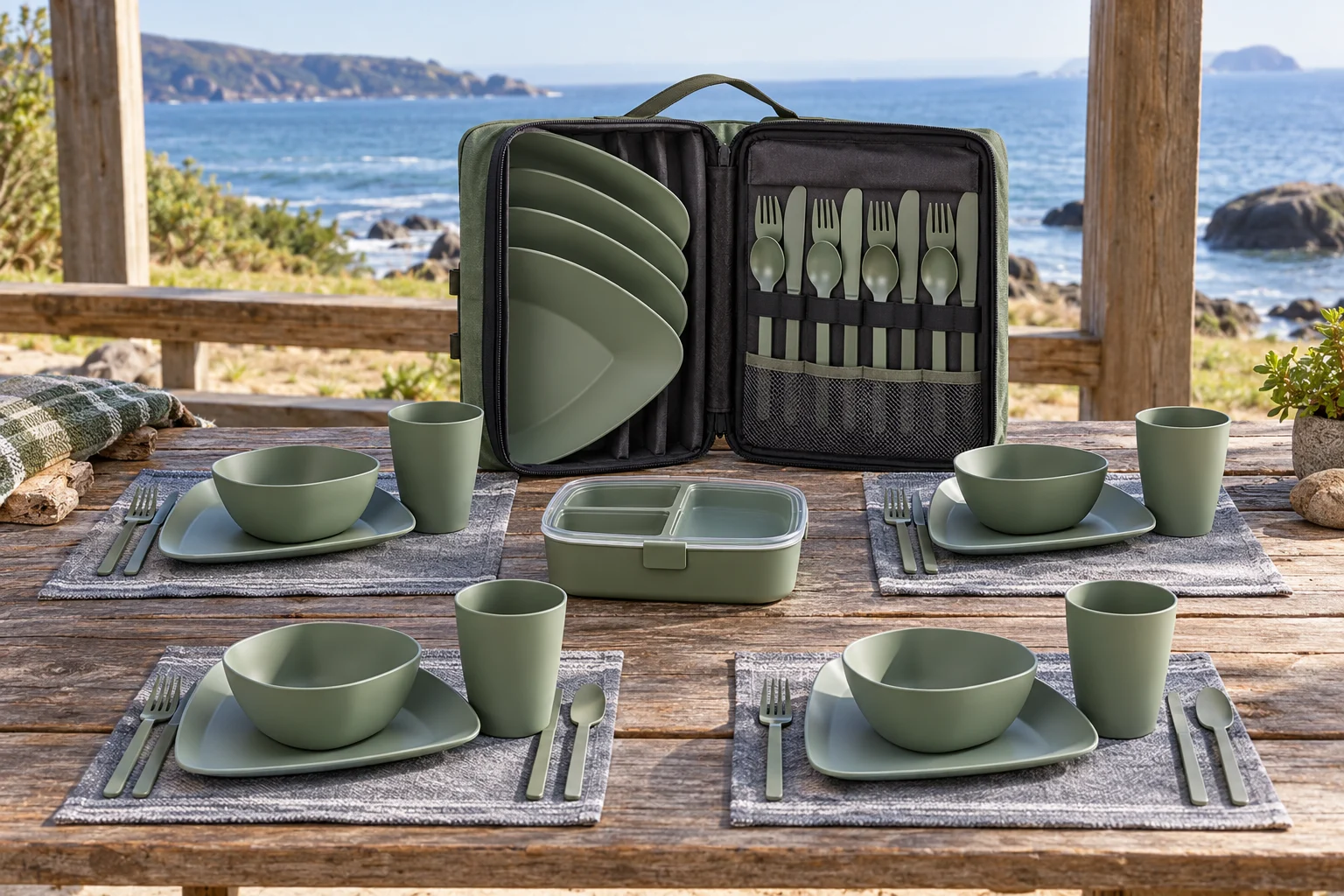 Vertical-Slot Rack coastal application concept Complete four-person Vertical-Slot Rack camping dinnerware set arranged at a coastal picnic shelter with the open case visible