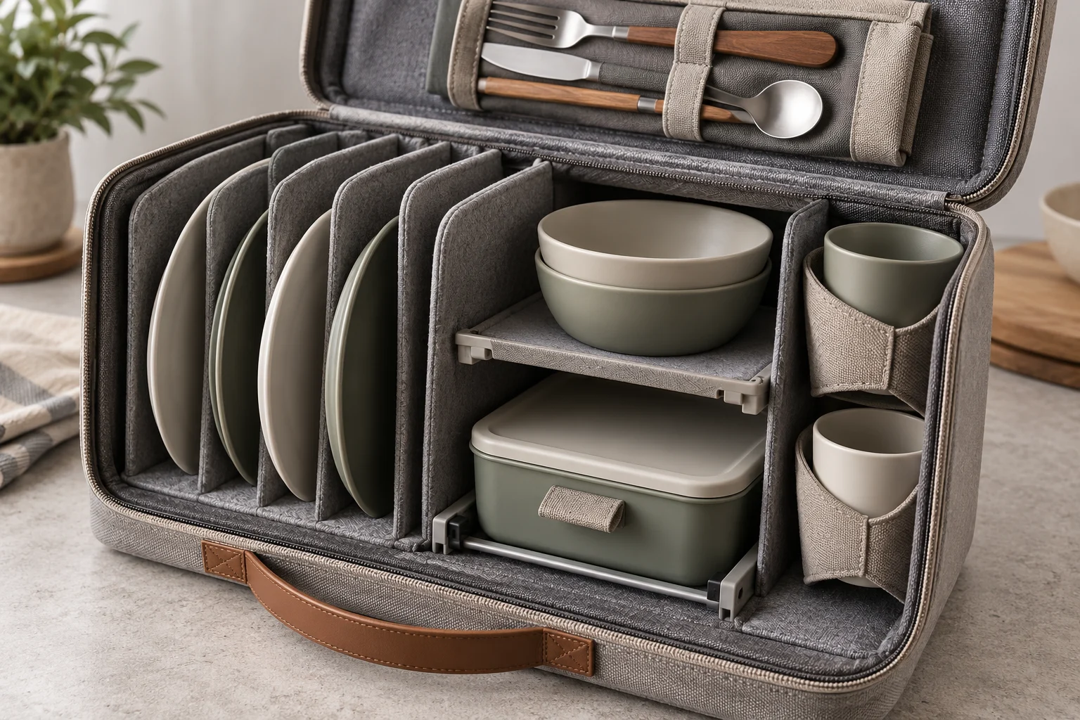 Vertical slot and shelf storage detail Close detail of padded vertical plate slots removable bowl shelf cup cradles lunch box drawer guide and lid cutlery roll