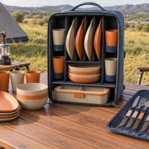 Vertical-Slot Rack four-person camping dinnerware set with upright plates bowl shelf cup cradles lunch box drawer and lid cutlery roll at a grassland campsite