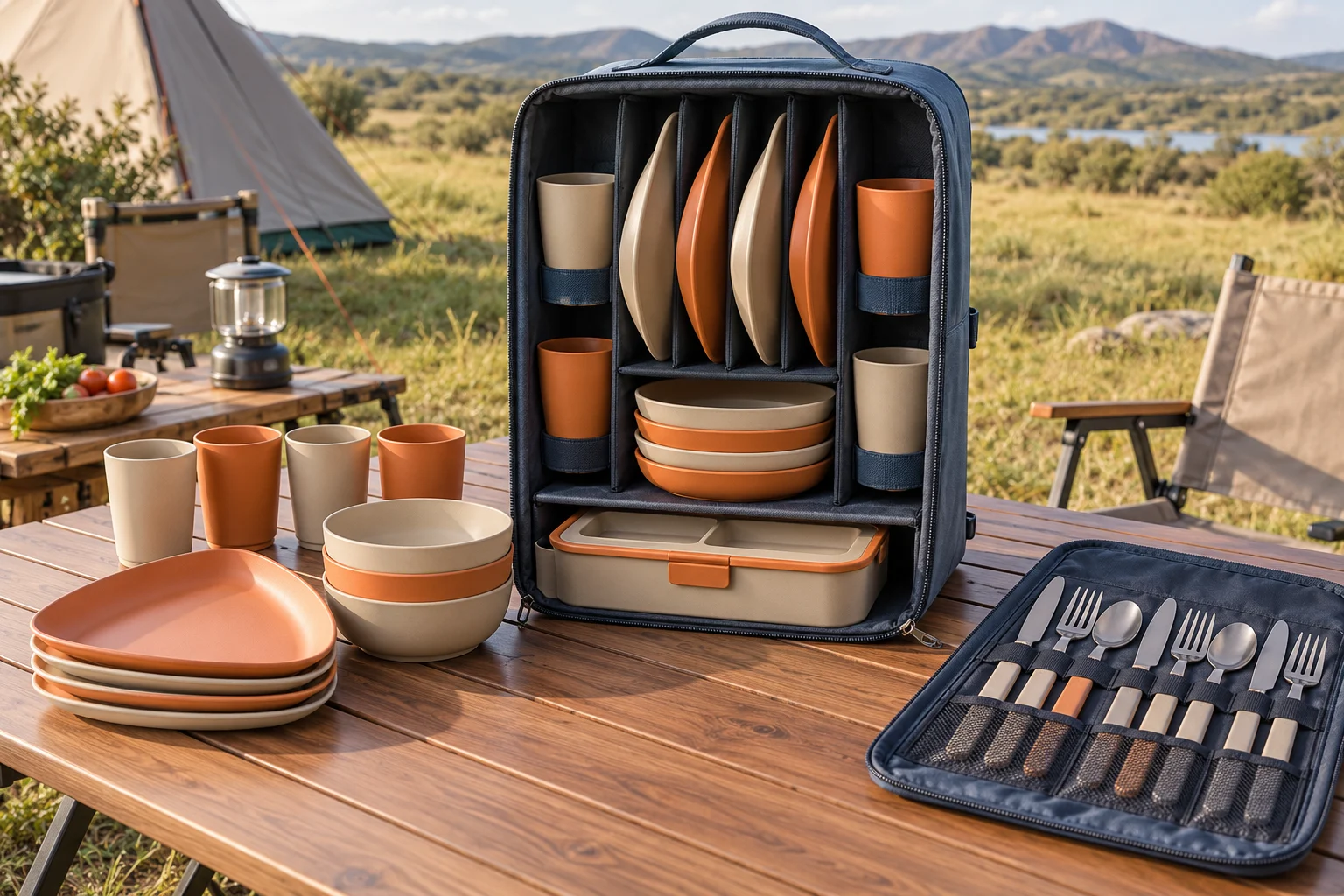 Vertical-Slot Rack four-person camping dinnerware set with upright plates bowl shelf cup cradles lunch box drawer and lid cutlery roll at a grassland campsite