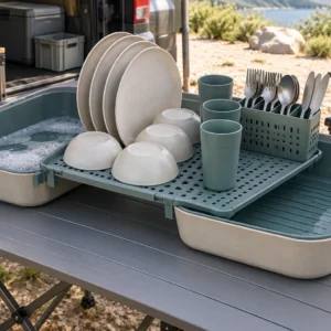 Wash-Dry Tray four-person camping dinnerware set open at an outdoor procurement display