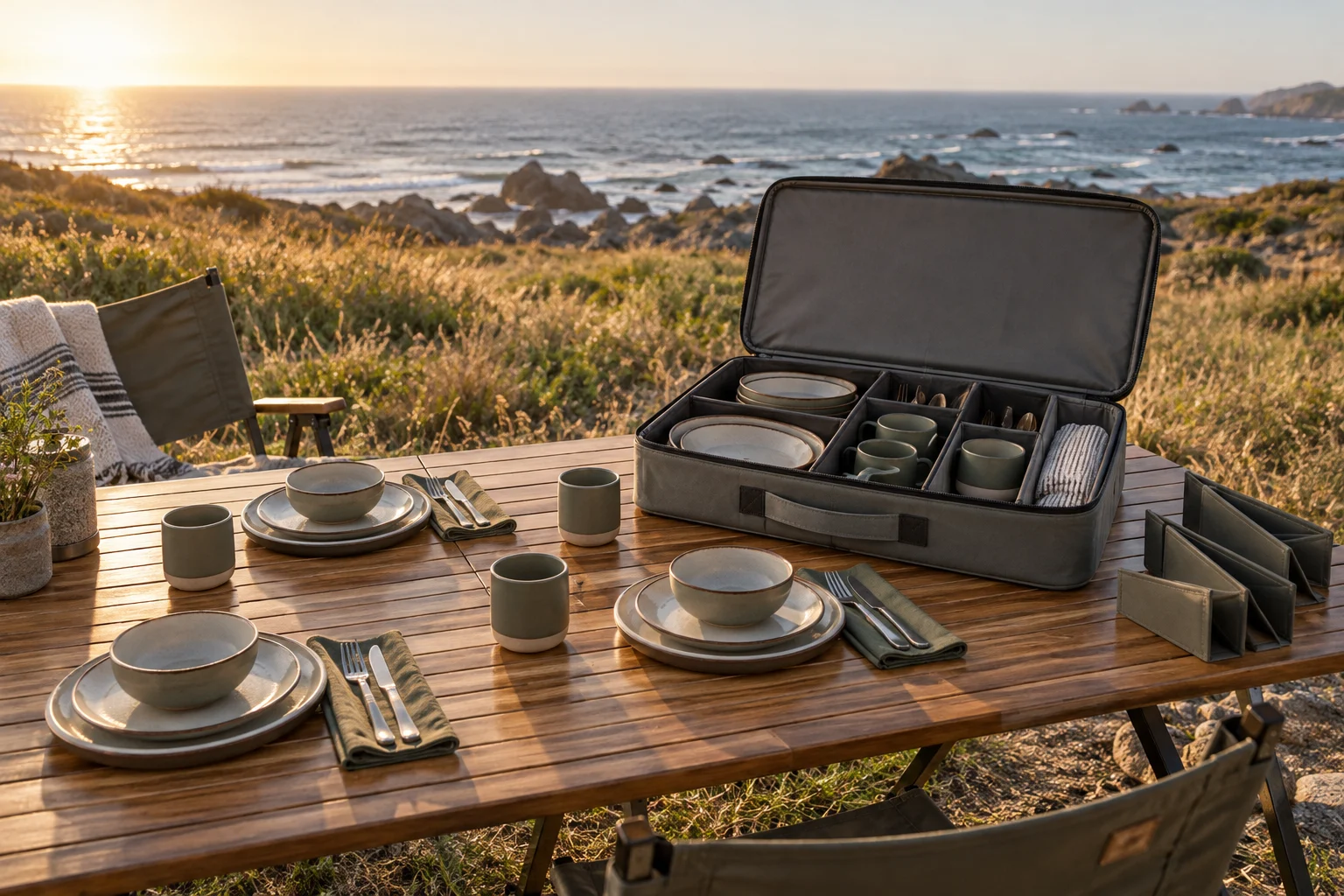 Wedge-Lane Outdoor Application Concept Wedge-Lane camping dinnerware case with four coastal campsite place settings